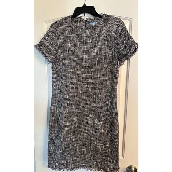 J McLaughlin Clarence Navy Tweed Short Sleeve Sheath Dress w/fringe, size 6 - Picture 2 of 6
